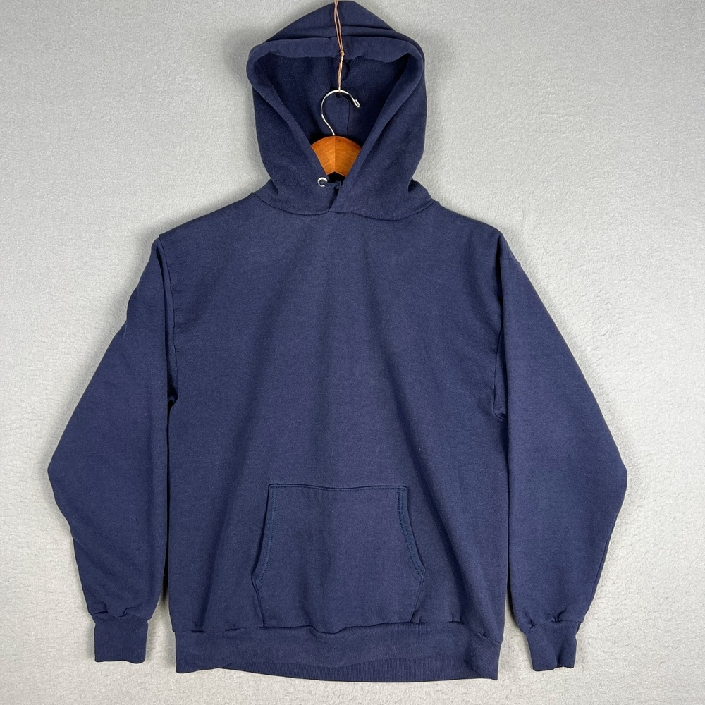 VTG Blank Jerzees Hoodie Fits S/M 80s Navy Blue Sweatshirt Faded Cotton Poly USA